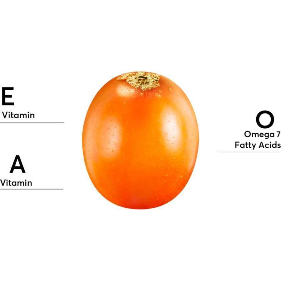 A single orange fruit is centered on a white background; text on the left lists Vitamin E and hyaluronic acid, and on the right Omega 7 Fatty Acids, referencing Mossa Vitamin Cocktail Energy Boost Eye Cream by Mossa.