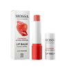 A tube of Mossa Lip Balm by Mossa, strawberry flavour, shown with its white and red cap off. The box displays a strawberry with lips and promotes juicy moisture plus nourishing strawberry seed oil.