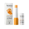 A partially open Mossa Sea Buckthorn Lip Balm stands beside its white and orange box, which displays sea buckthorn berries and Mossa branding. The nourishing balm is visible inside the natural lip balm tube.