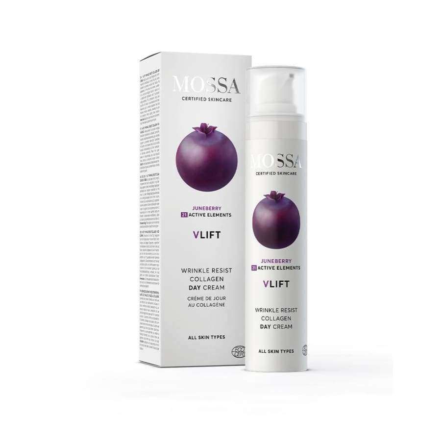 A bottle and box of Mossa V LIFT Wrinkle Resist Collagen Day Cream by Mossa, with a purple berry graphic and white packaging displaying product details on the front.