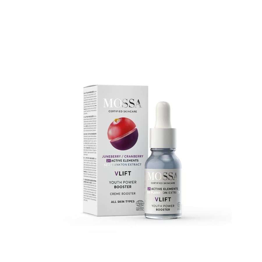 A bottle of Mossa V LIFT Youth Power Booster with a dropper stands before its box, which highlights cranberry, juniper, active elements, and hyaluronic acid for a nourishing skincare boost.