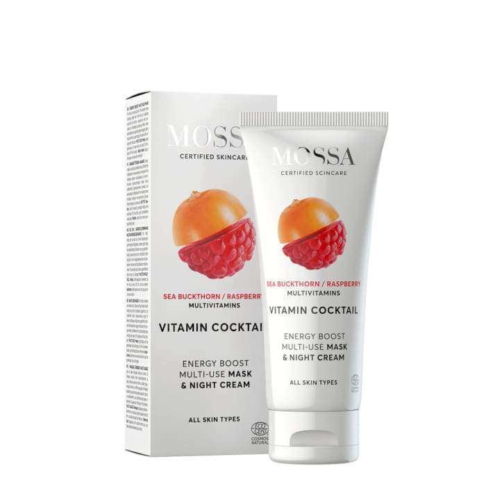 A tube and box of Mossa Vitamin Cocktail Energy Boost Multi-Use Mask & Night Cream by Mossa, with sea buckthorn and raspberry images. Enriched with Nordic berry vitamins and hyaluronic acid. Suitable for all skin types.