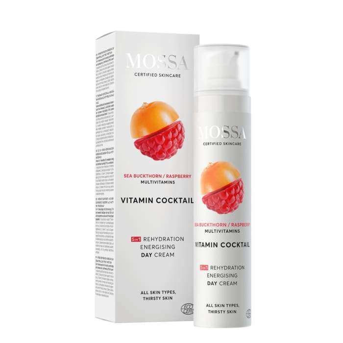 A bottle and box of Mossa Vitamin Cocktail Rehydration Energising Day Cream by Mossa, a hydrating day cream with vitamin C. Packaging features sea buckthorn, raspberry images, and highlights rehydration, energy boost, and suitability for all skin types.