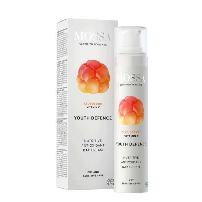 A bottle and box of Mossa Youth Defence Nutritive Antioxidant Day Cream featuring cloudberry imagery. This nourishing day cream from Mossa is ideal for dry and sensitive skin, enriched with a cloudberry bioactive complex.