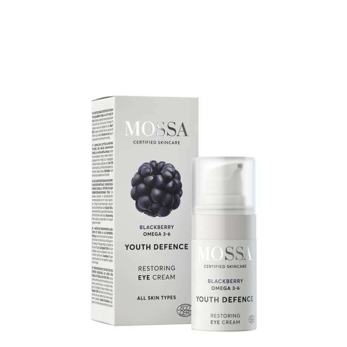 A bottle and box of Mossa Youth Defence Restoring Eye Cream, designed for all skin types, with a blackberry image. Enriched with organic blackberry extract and Omega 3+6.