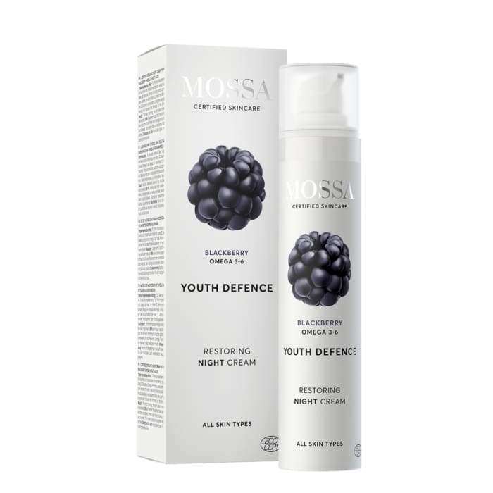 A bottle and box of Mossa Youth Defence Restoring Night Cream by Mossa, featuring a blackberry image. The white packaging with gray and black text is labeled for all skin types and highlights blackberry omega 3-6 fatty acids.