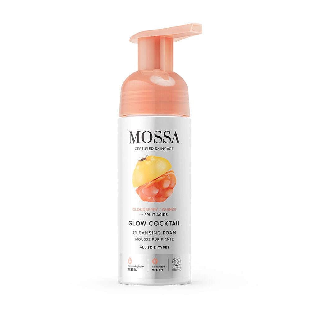 Mossa Glow Cocktail Cleansing Foam comes in a bottle with a peach pump. Its label highlights cloudberry and quince, and this vitamin-rich, vegan formula suits all skin types for a radiant complexion.