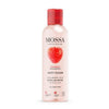 A clear bottle of Mossa Juicy Clean Micellar Water by Mossa, with a red cap and strawberry image on the label, features antioxidant-rich strawberry extract. This vegan, hydrating facial cleanser suits all skin types.