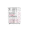 A white container with a white lid, labeled Puhdas+ Beauty Collagen & Sea Buckthorn by Puhdas+. The minimalist design features pink plus signs and highlights sea buckthorn to support beauty with natural food supplements.