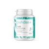 A white container of Puhdas+ Hair Booster hair growth supplement by Puhdas+, featuring a teal and white label with the product name, brand logo, and details highlighting its biotin-rich ingredients and benefits.