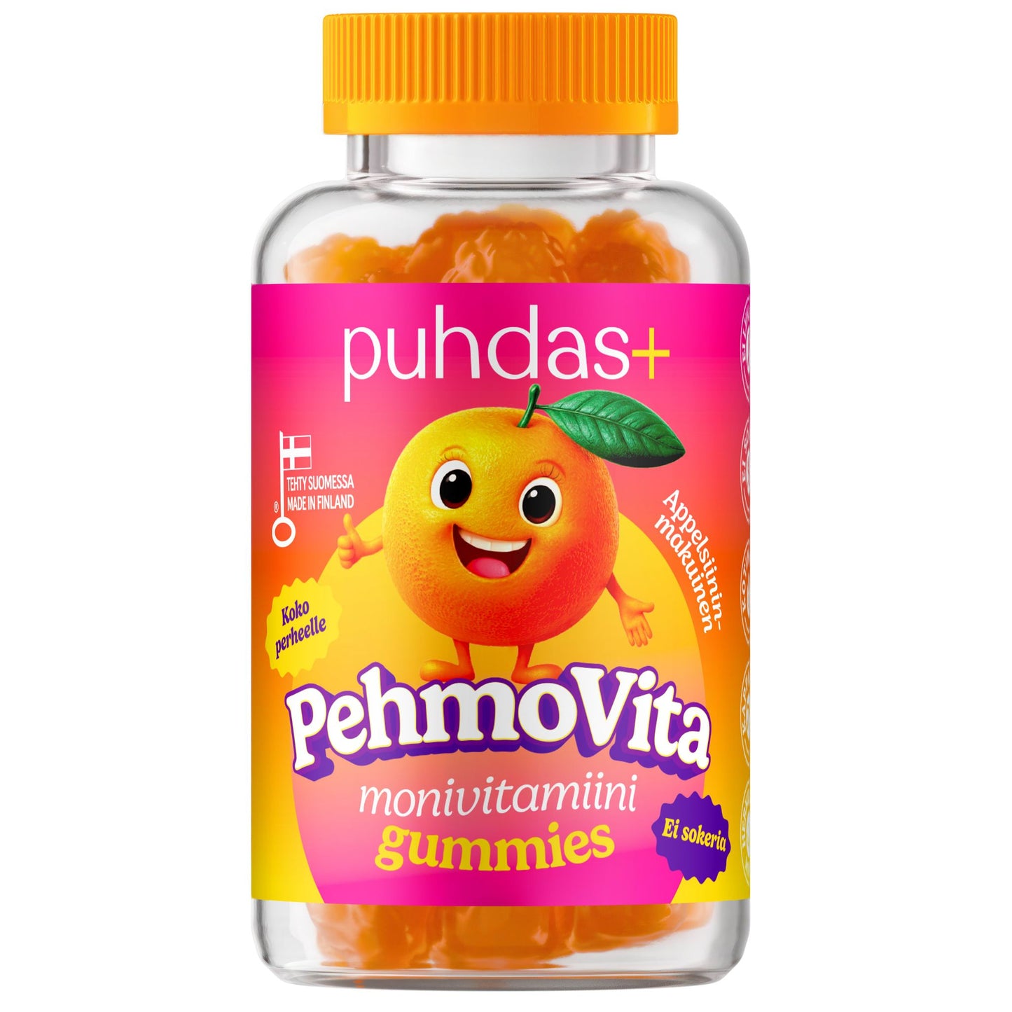 A bottle of Puhdas+ PehmoVita from Puhdas+ with an orange label showing a smiling cartoon orange and a yellow lid, filled with orange multivitamin gummies containing essential Vitamin C.