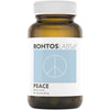A brown bottle with a white cap labeled Rohtos Labs Peace by Rohtos Labs features a blue square with a peace symbol and contains 30 ashwagandha extract capsules, formulated as a stress relief supplement to help lower cortisol.