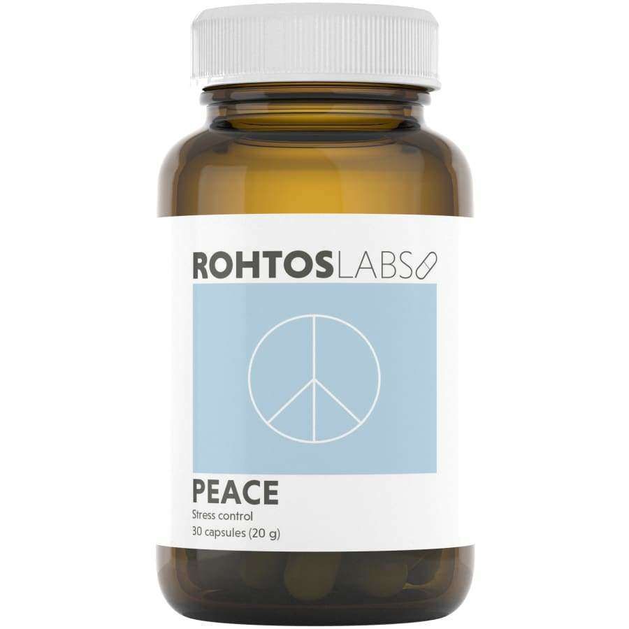 A brown bottle with a white cap labeled Rohtos Labs Peace by Rohtos Labs features a blue square with a peace symbol and contains 30 ashwagandha extract capsules, formulated as a stress relief supplement to help lower cortisol.
