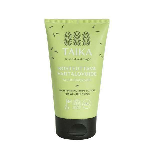 A green tube of Taika Body Lotion, suitable for all skin types, with Finnish and English text on the front, stands upright on a white background.
