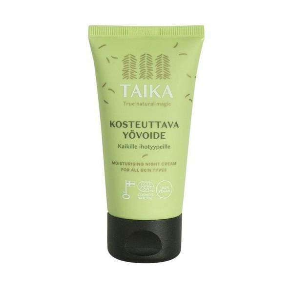 A green tube of Taika Night Cream for all skin types, with Finnish and English text plus eco-friendly vegan icons on the front. Formulated with organic shea butter to naturally nourish your skin.
