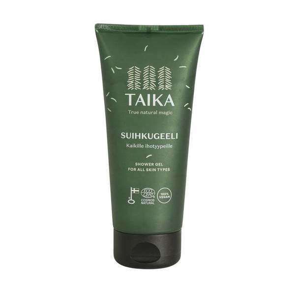 A green tube of Taika Shower Gel with a black cap, featuring white text and tree graphics. This vegan, Cosmos natural, eco-certified shower gel by Taika is suitable for all skin types.