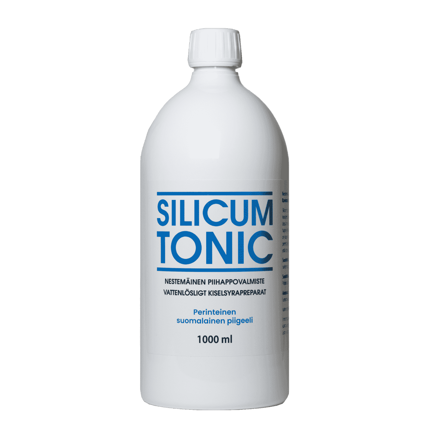 A white plastic 1000 ml bottle of Biomed Silicum Tonic, a Finnish silica supplement by Biomed, features blue product name in Finnish and Swedish and comes with a white screw cap.