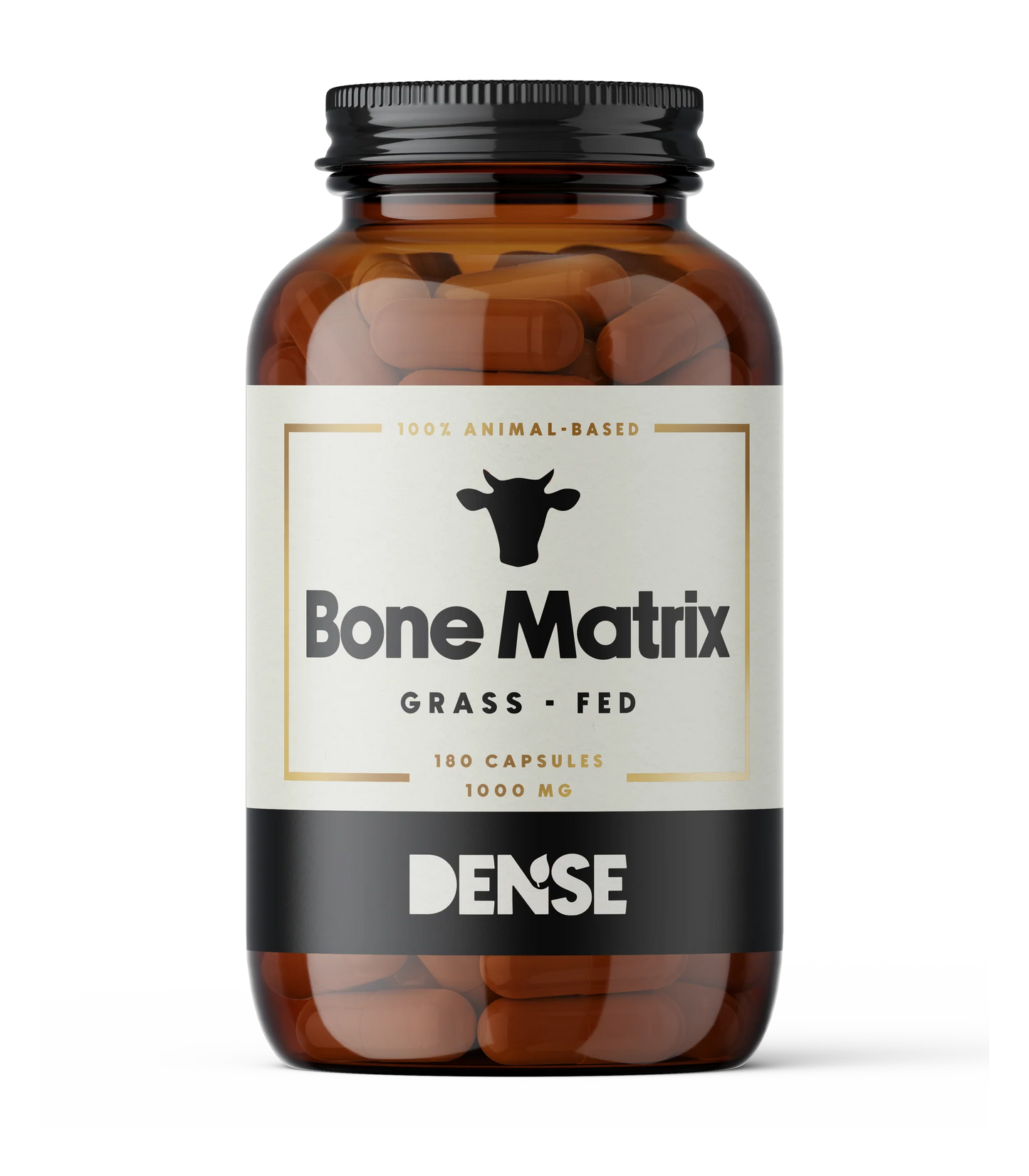 A brown glass bottle of DENSE Bone Matrix by DENSE, featuring a cow head icon, contains 180 capsules of 1000 mg grass-fed beef bone supplement rich in Type I Collagen.