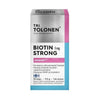 A box of Dr. Tolonen Biotin Strong 5 mg dietary supplement, with Finnish text describing benefits for hair, skin, and nails. The white, pink, and light blue packaging includes a Finnish flag symbol. Brand: Dr. Tolonen.
