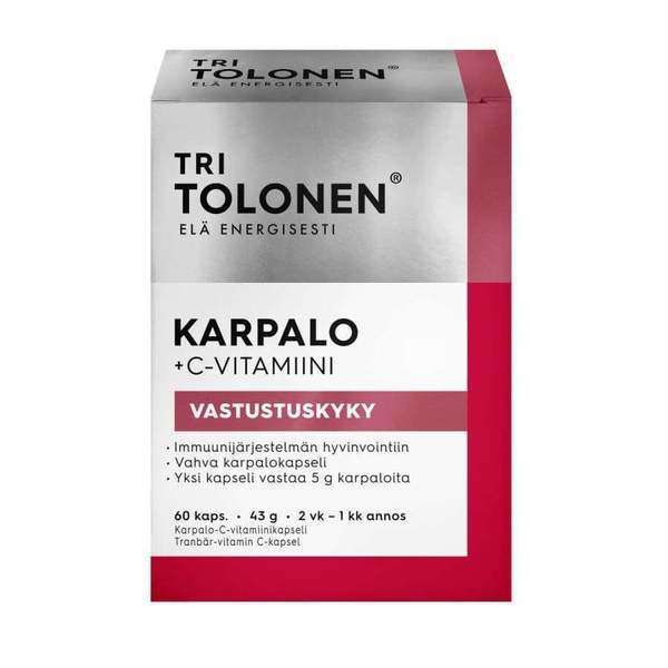 A box of Dr. Tolonen Cranberry + Vitamin C dietary supplement, with Finnish text describing cranberry extract and vitamin C capsules for immune system support. The white and red packaging displays the Dr. Tolonen brand name.