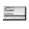 A box of Dr. Tolonen Superman+ testosterone supplement tablets with mostly white packaging, Finnish text, black and grey accents, and mentions Tribulus terrestris for men’s well-being and normal testosterone levels.