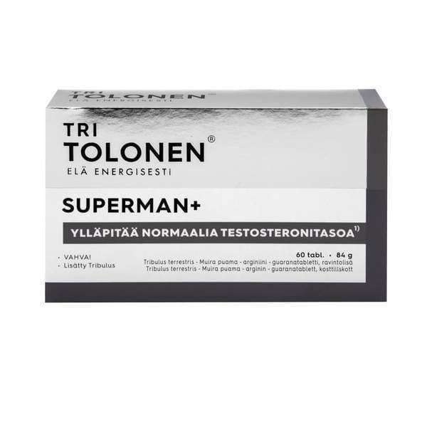 A box of Dr. Tolonen Superman+ testosterone supplement tablets with mostly white packaging, Finnish text, black and grey accents, and mentions Tribulus terrestris for men’s well-being and normal testosterone levels.