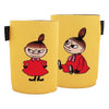 Emendo Moomin Cooler Little My: Two yellow neoprene cup sleeves featuring Emendo’s cartoon illustrations of Little My—a girl with brown hair in a topknot and red dress, standing arms akimbo or sitting mischievously.