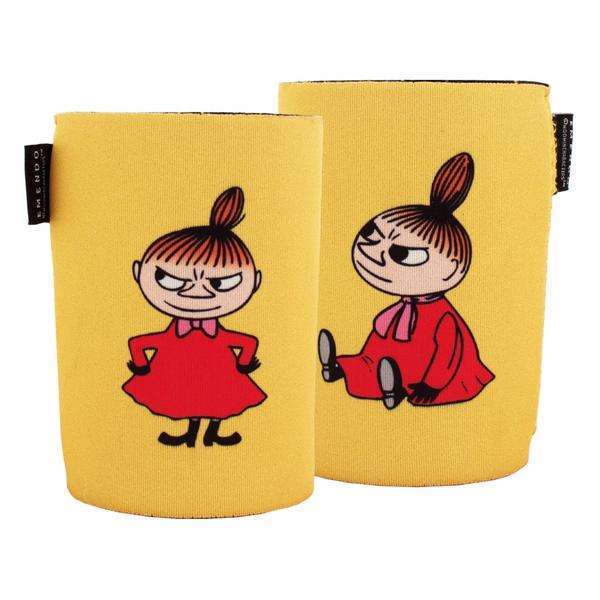 Emendo Moomin Cooler Little My: Two yellow neoprene cup sleeves featuring Emendo’s cartoon illustrations of Little My—a girl with brown hair in a topknot and red dress, standing arms akimbo or sitting mischievously.