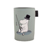 The Emendo Moomin Cooler Moominpappa is a light grey neoprene cup sleeve featuring Moominpappa with a black top hat and fishing rod, sitting on rocks. A small black tag with white text accents the side.