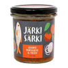 A glass jar of Järki Särki Organic Tomatoes and Herbs features fish, tomato, onion, and herb illustrations; the label reads "luomu tomaatti & yrtit," notes wild Finnish fish, and states 275g/180g. Brand: Järki Särki.
