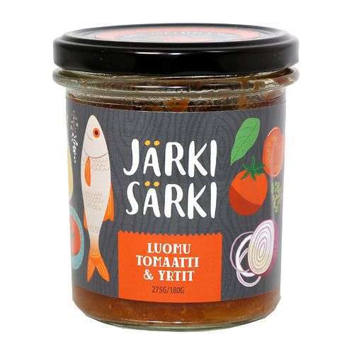 A glass jar of Järki Särki Organic Tomatoes and Herbs features fish, tomato, onion, and herb illustrations; the label reads "luomu tomaatti & yrtit," notes wild Finnish fish, and states 275g/180g. Brand: Järki Särki.