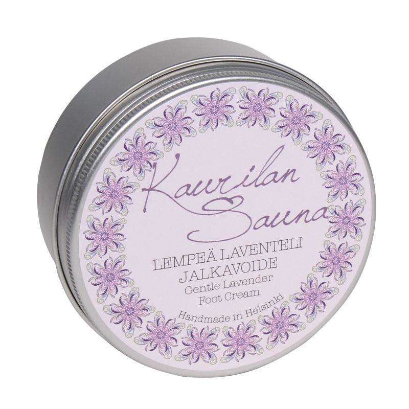 A round tin of Kaurilan Sauna Gentle Lavender Foot Cream features a lavender floral lid and is handmade in Helsinki.
