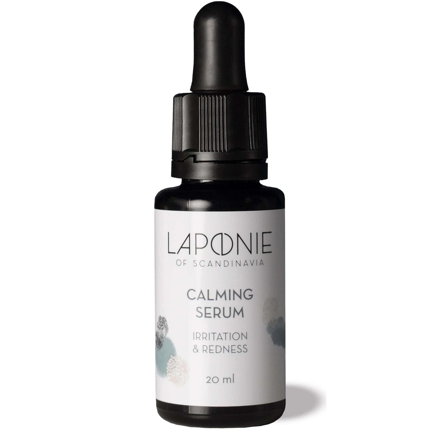 A small dark bottle with a dropper cap labeled Laponie of Scandinavia Calming Treatment Serum, 20 ml, a serum for sensitive skin by Laponie of Scandinavia, is displayed against a white background.