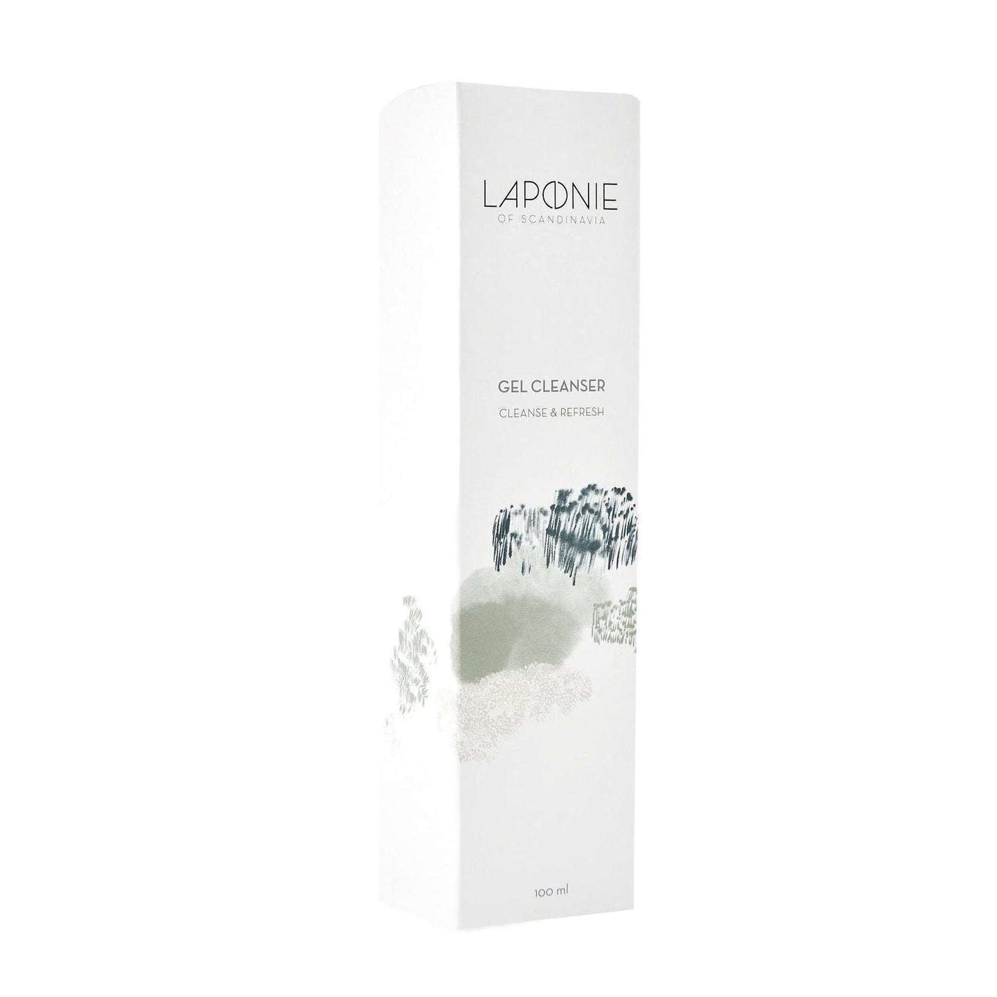 Laponie of Scandinavia Gel Cleanser comes in a tall, white rectangular 100 ml bottle with minimalist nature-inspired designs and black text. This vegan cleanser is gentle on sensitive skin.