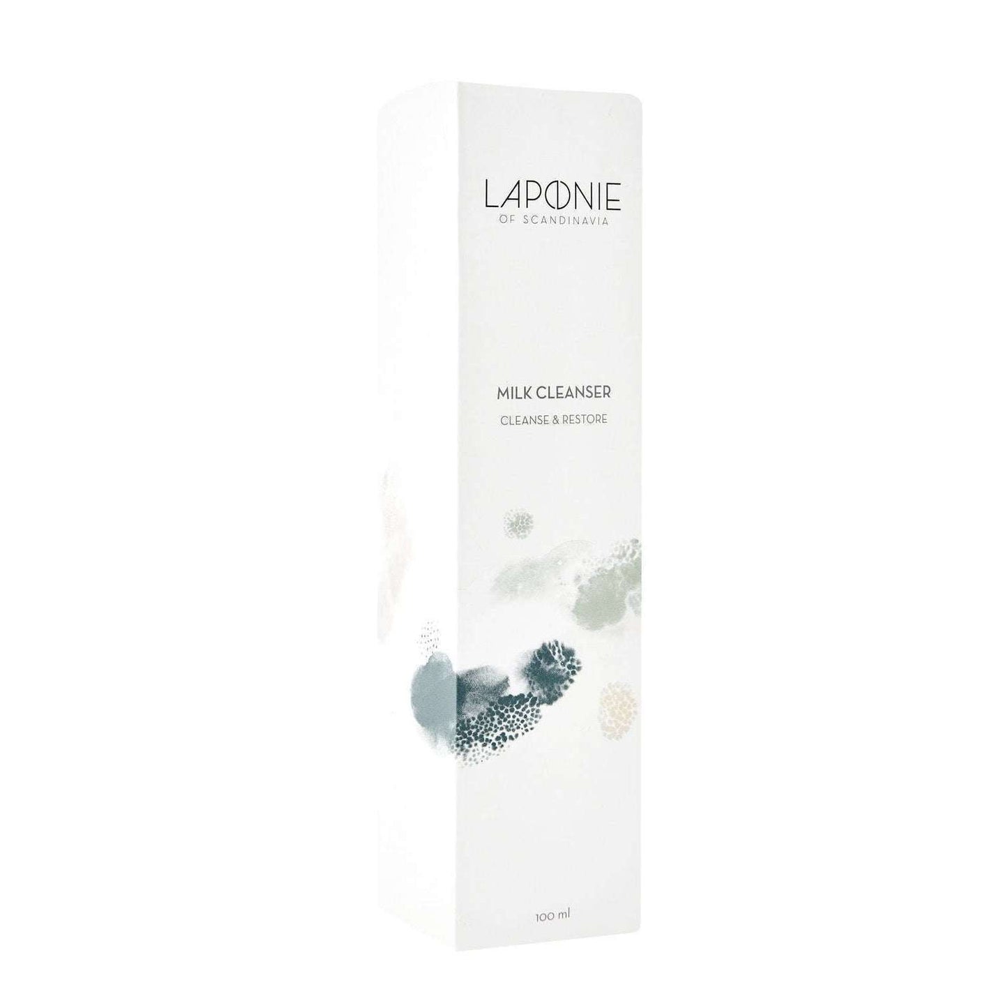 A white rectangular box of Laponie of Scandinavia Milk Cleanser, 100 ml, with minimalist abstract designs; gentle cleansing milk ideal for sensitive skin.