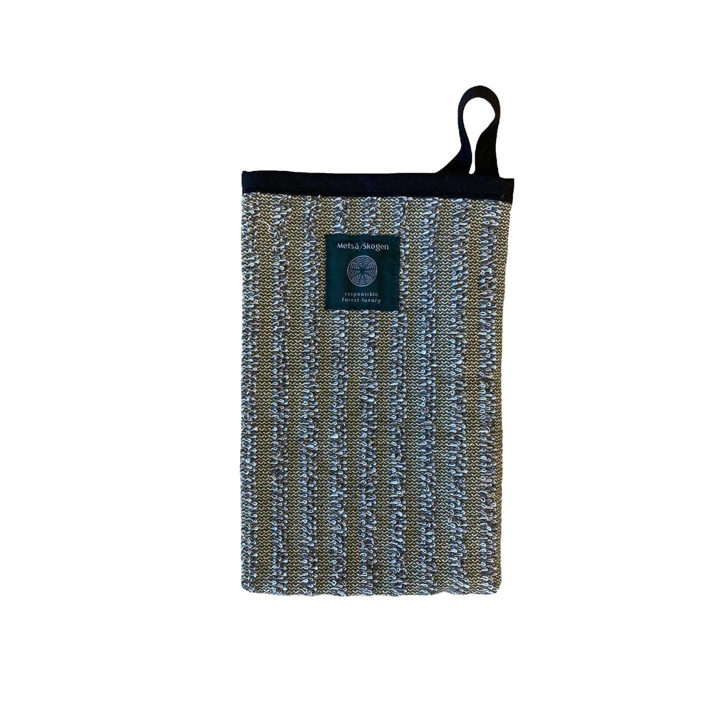 The Metsä/Skogen Linen Wash Glove by Metsä/Skogen is a rectangular striped pouch with a loop handle and META WEAVING label, made in Finland in beige, brown, and light blue tones. Shown against a white background.