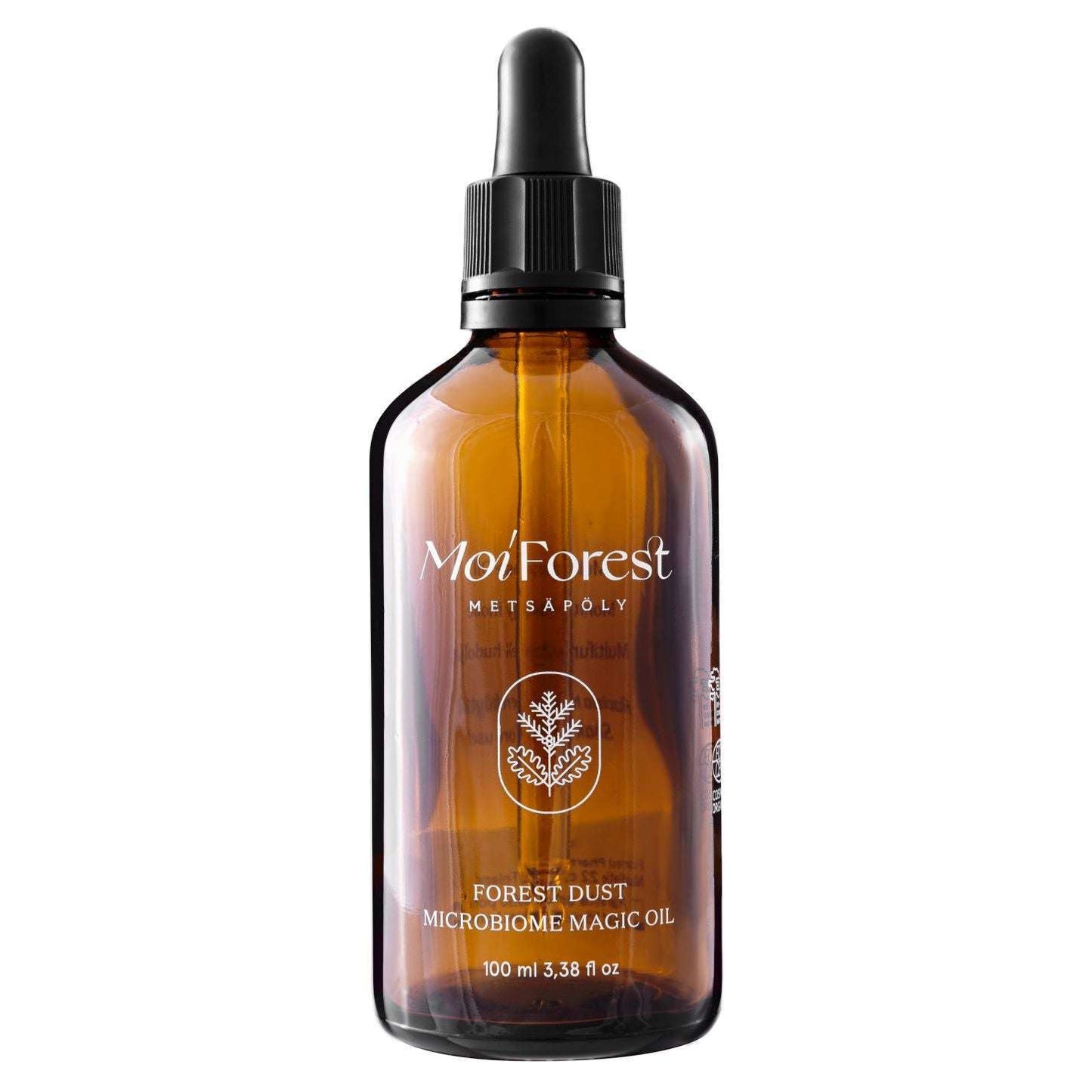 A brown glass dropper bottle labeled Moi Forest Dust Microbiome Magic Oil, 100 ml, features a simple white plant illustration. This multipurpose skin oil by Moi Forest is formulated with organic oils to support your skin’s natural balance.