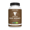 A white bottle labeled Nordic Kings Organic Grass Fed Beef Kidney features a cow illustration, brown background, and icons for Sweden, grass-fed, and organic. Includes 180 capsules (450 mg each) of freeze-dried organic beef kidney. Brand: Nordic Kings.