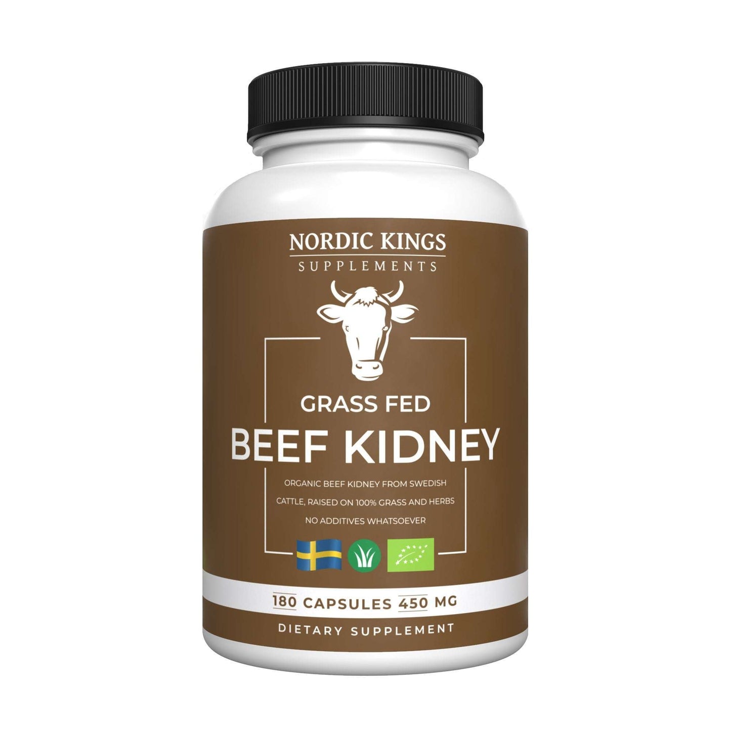 A white bottle labeled Nordic Kings Organic Grass Fed Beef Kidney features a cow illustration, brown background, and icons for Sweden, grass-fed, and organic. Includes 180 capsules (450 mg each) of freeze-dried organic beef kidney. Brand: Nordic Kings.