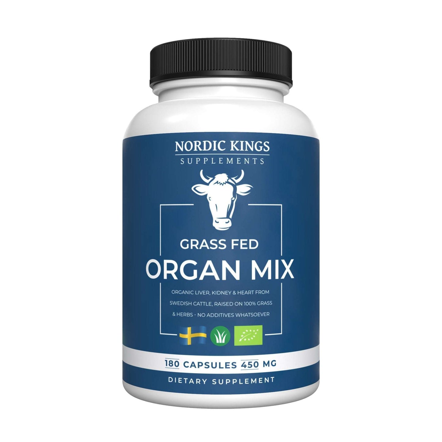 A white bottle of Nordic Kings Organic Grass Fed Organ Mix with a blue label features a cow illustration. Contains 180 capsules (450 mg each) made from organic beef organs sourced from Swedish, grass-fed cattle.