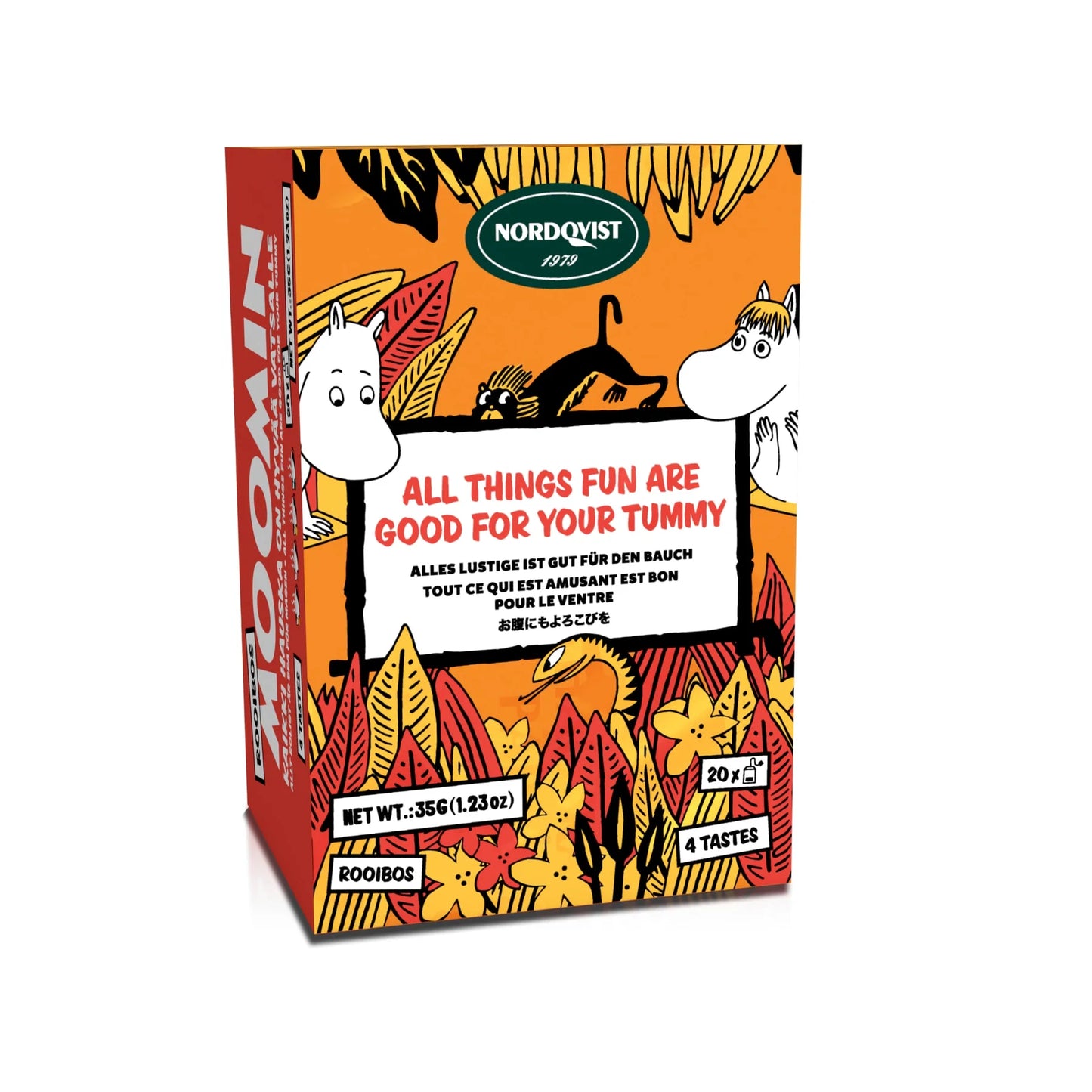 Nordqvist All Things Fun Are Good For Your Tummy is a colorful box of 20 caffeine-free rooibos tea bags in 4 tasty blends, featuring Moomin characters and autumn leaves.