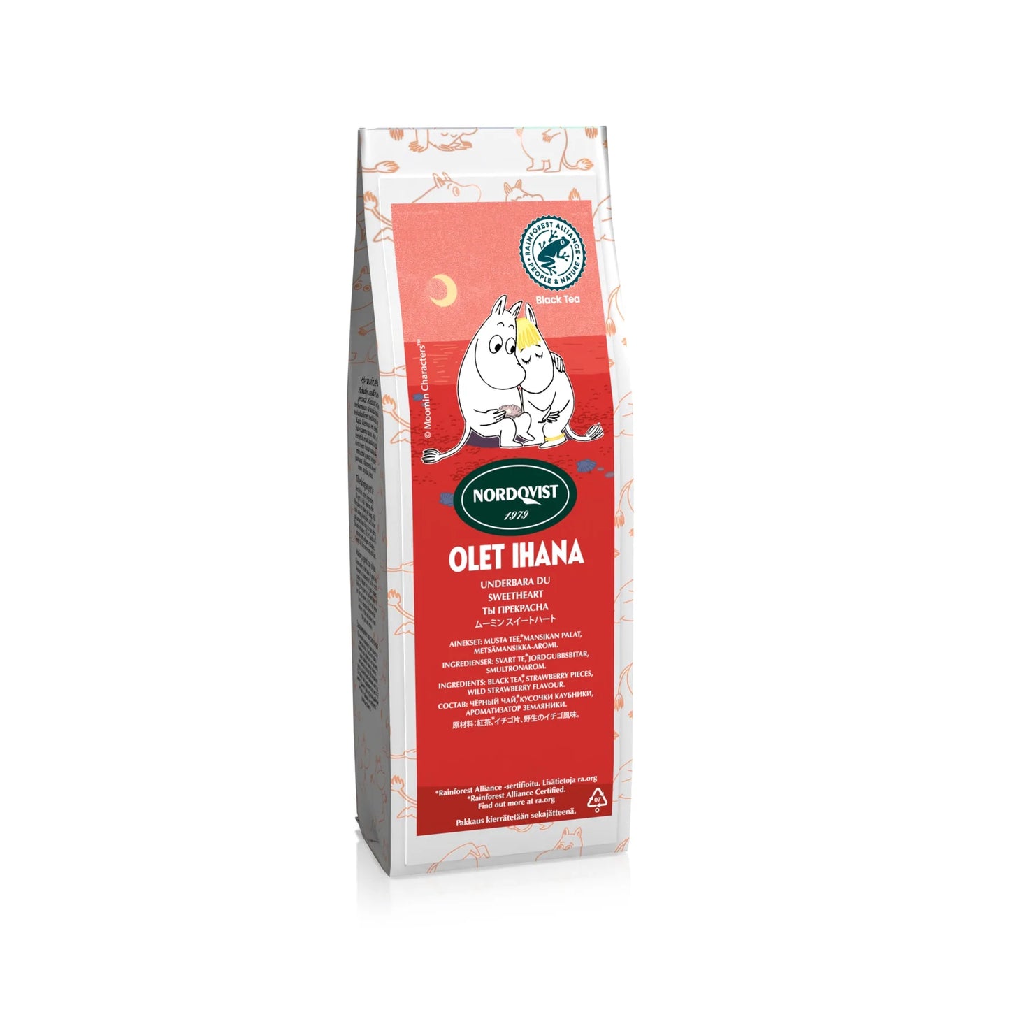 The Nordqvist Moomin Sweetheart tea features a red and white package with a Moomin illustration, "OLET IHANA" text, decorative patterns, and highlights wild strawberry black tea with real strawberry pieces.