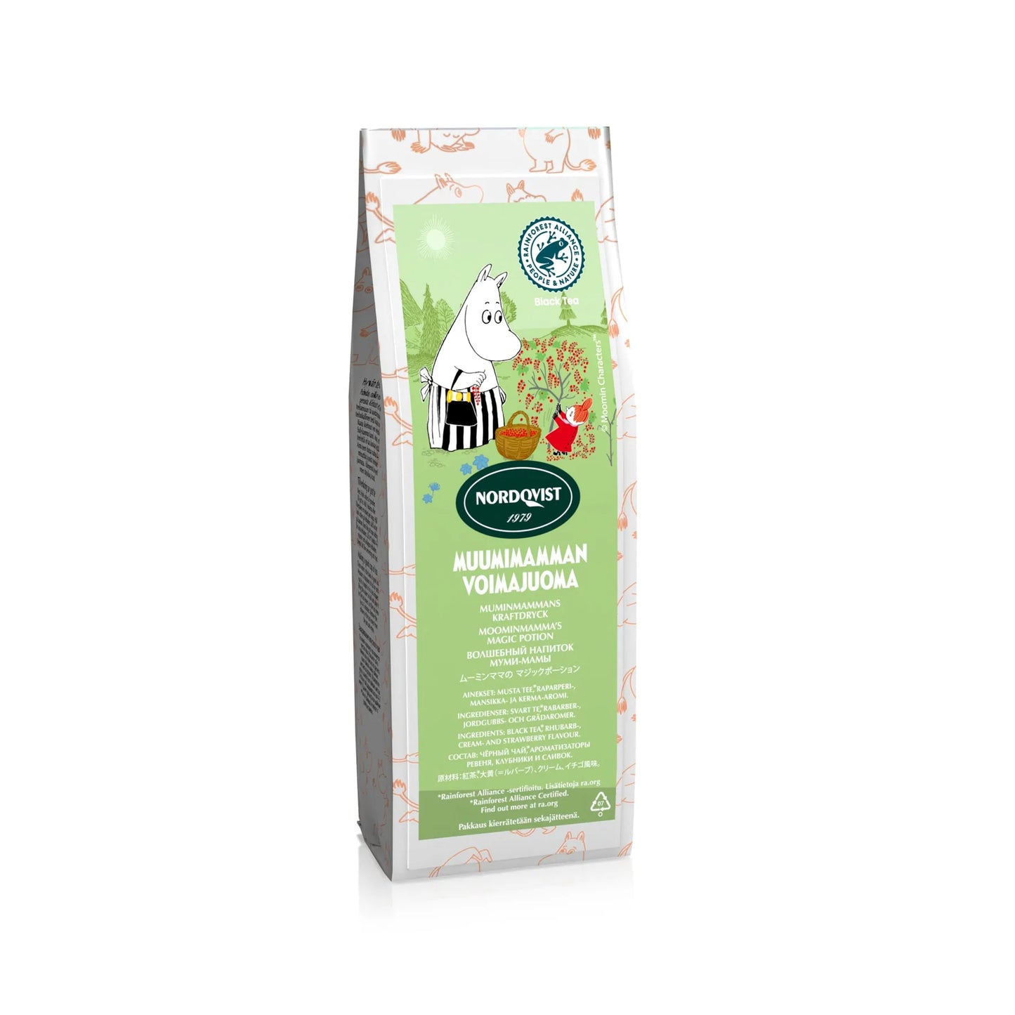A light green bag of Nordqvist Moominmamma’s Magic Potion loose leaf tea features adorable Moomin artwork, a tea cup illustration, and Finnish text. Enjoy delightful rhubarb and strawberry notes against a white background. Brand: Nordqvist.