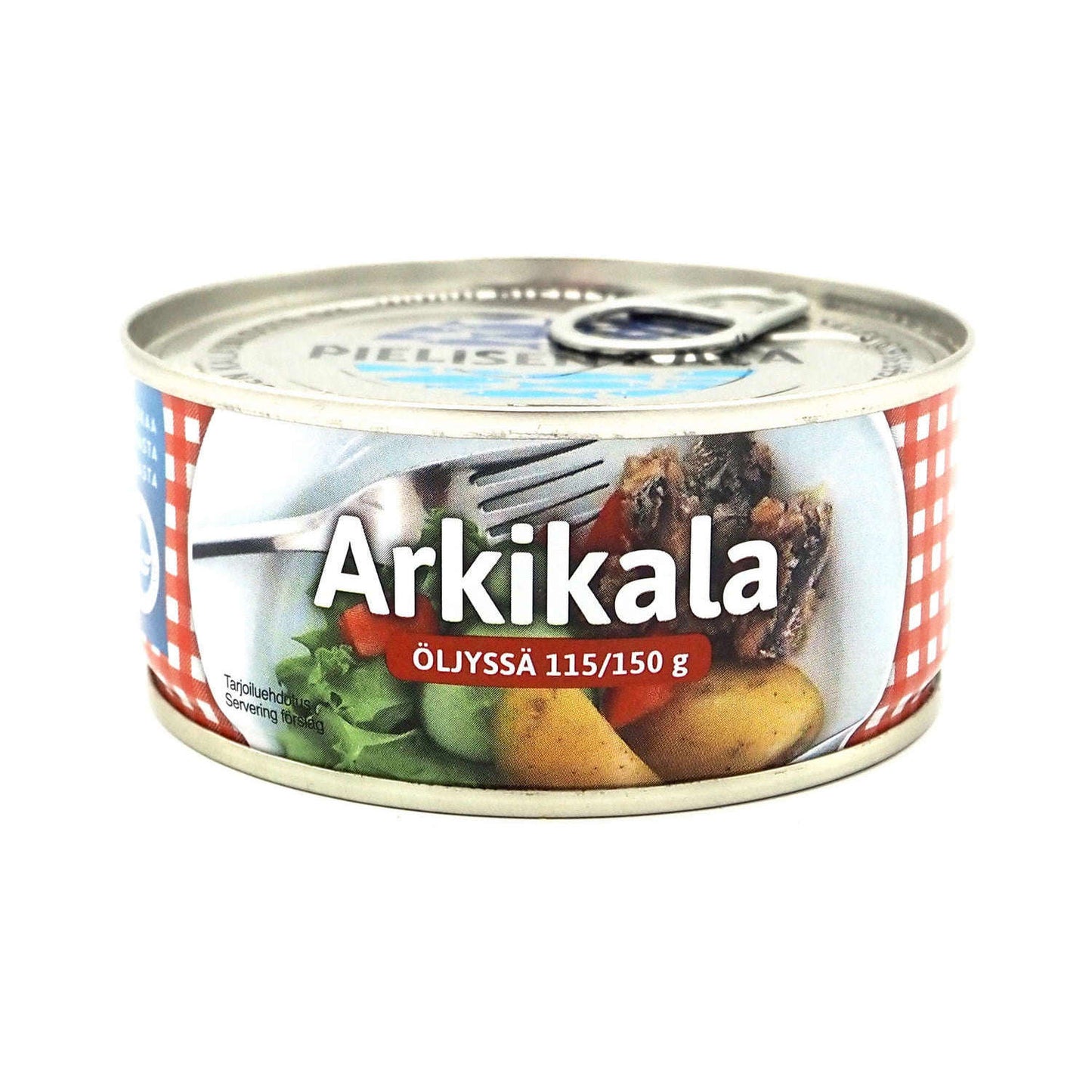 A can of Pielisen Kala Herring & Vendace In Oil, 115/150g, with a pull-tab lid. The label shows fish with potatoes, tomatoes, and lettuce on a white plate over a red checkered background—a great tuna alternative.