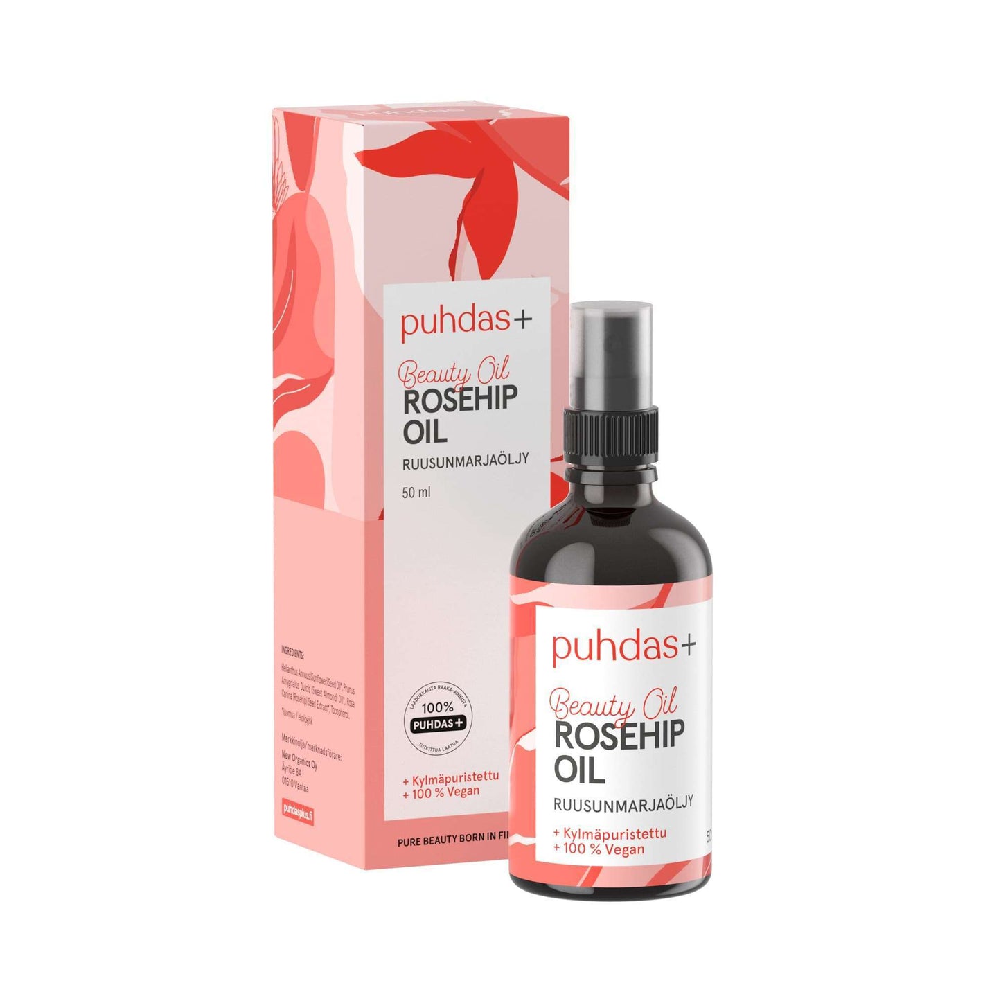 A bottle of Puhdas+ Beauty Moisturising Rosehip Oil (50 ml) with a spray top stands beside its matching floral pink and red box featuring product details.