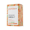 A box of Puhdas+ Premium Omega-7 by Puhdas+, featuring orange, green, and beige abstract designs. Contains 60 capsules with sea buckthorn extract, biotin, and vitamin E. Packaging text is in Finnish.