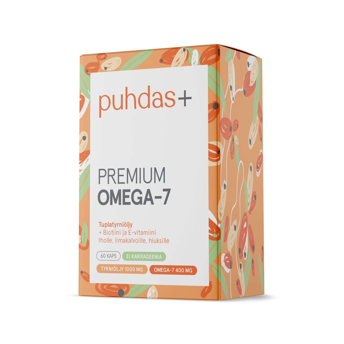 A box of Puhdas+ Premium Omega-7 by Puhdas+, featuring orange, green, and beige abstract designs. Contains 60 capsules with sea buckthorn extract, biotin, and vitamin E. Packaging text is in Finnish.