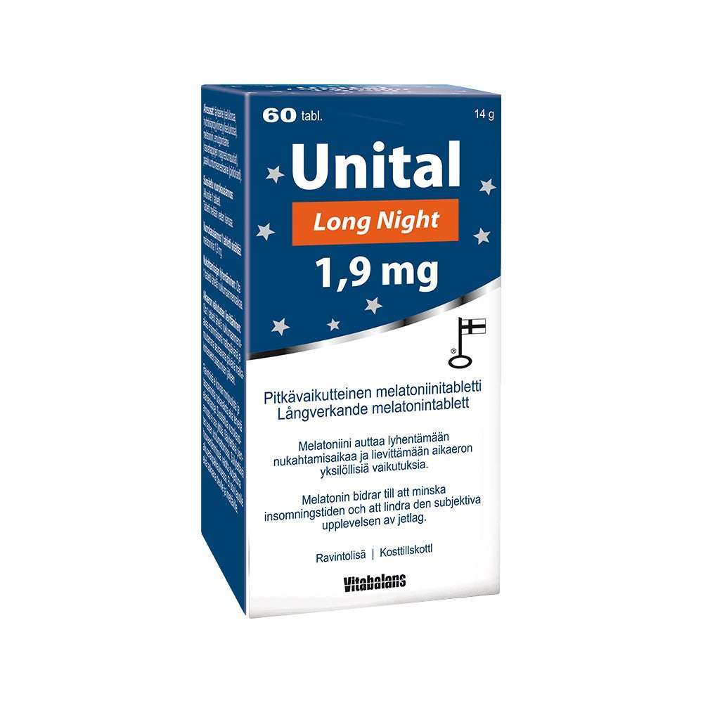 A blue and white box of Vitabalans Unital Melatonin Long Night 1,9 mg contains 60 slow-release sleep aid tablets with product info in Finnish and Swedish.