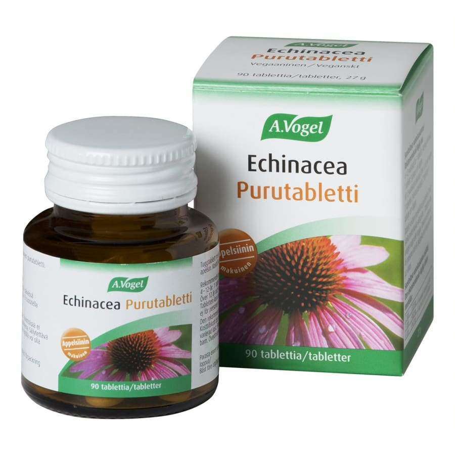 A.Vogel Echinacea Chewable, a dietary supplement, comes in a bottle and box with Finnish text on immune support. Both packs display purple coneflower imagery and green accents, emphasizing the A.Vogel brand.