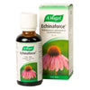 A bottle and box of A.Vogel Echinaforce drops, a traditional herbal medicine with a pink echinacea flower on green and white packaging, featuring Finnish and Swedish text about use for cold symptom prevention.
